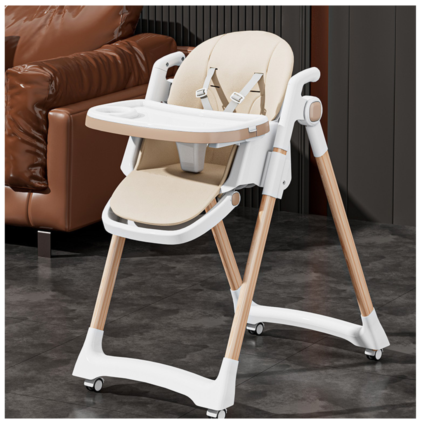 Chaise Haute Bébé – Blanc & Effet Bois Moderne - Dès 6 mois - Modèle B-E13